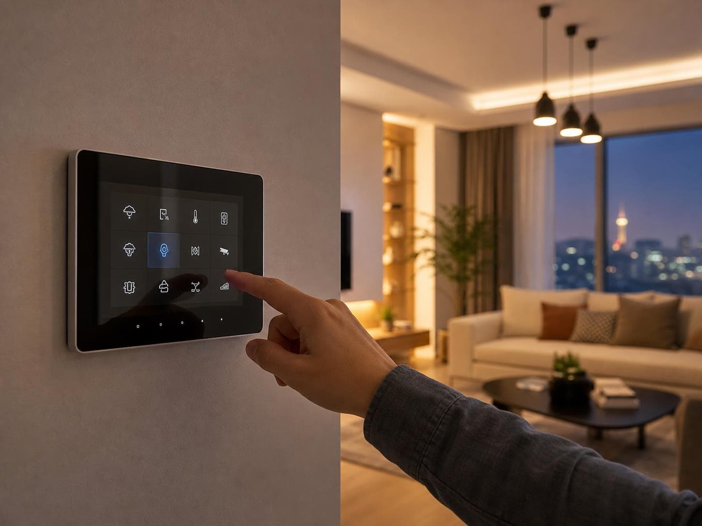 Salonda akıllı ev kontrol paneli